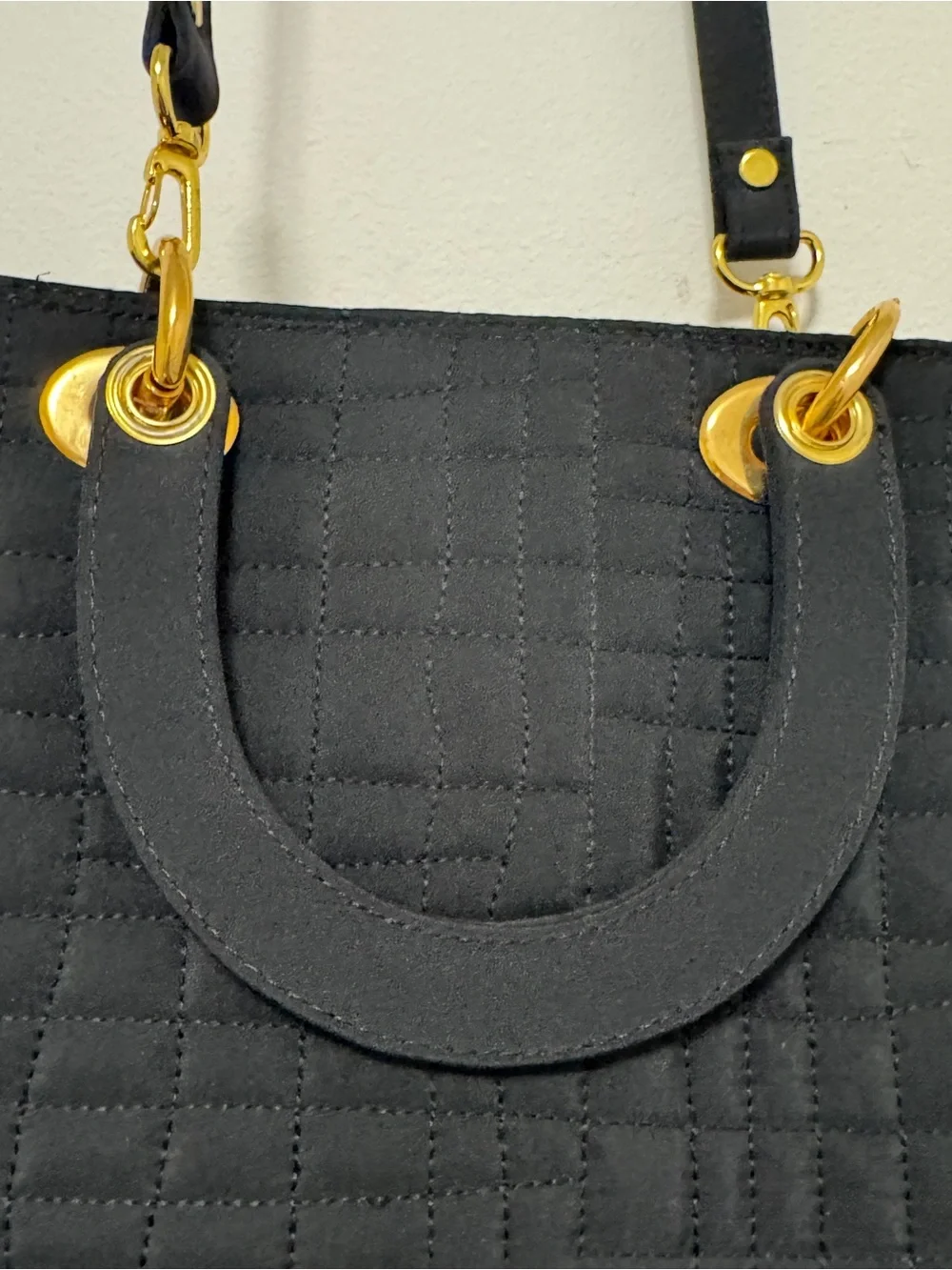 Black Quilted Tote Bag Gold‎ Hardware Top Handle Crossbody Shoulder Purse